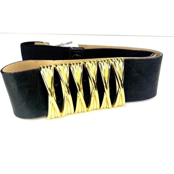 Streets Ahead Black Leather Gold Hardware Waist Belt Statement Elastic Large main image 6